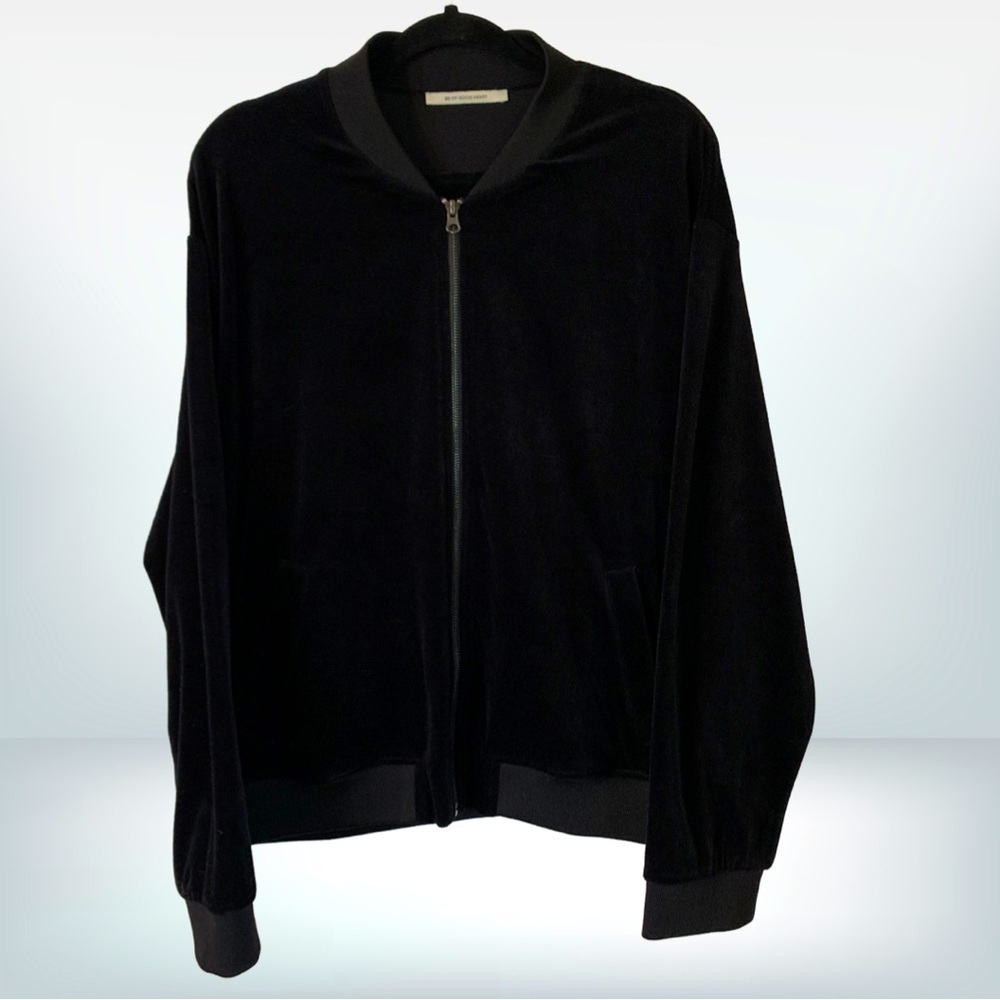 Etre Cecile Black Velour Bomber Bedazzled Logo Zip Up Jacket, size XL